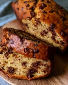 Slice of easy banana bread with chocolate chips on a wooden board