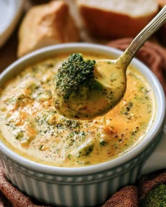 Bowl of healthy broccoli cheddar soup garnished with fresh broccoli and cheese.